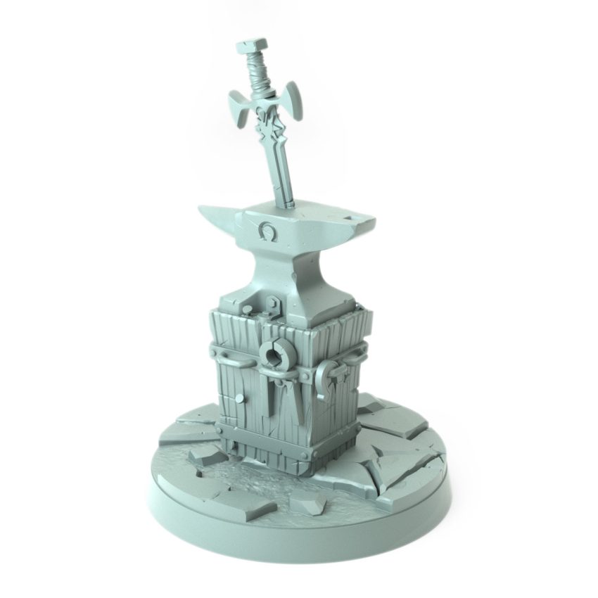 Anvil 3D-printed blacksmith miniature with sword tabletop fantasy prop