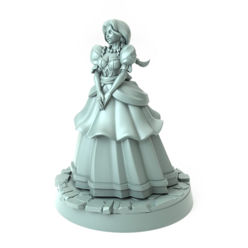 Noblewoman miniature in elegant gown clasping hands in contemplation 3D printed for tabletop role-playing
