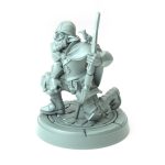 3D-printed miniature of a half-orc male ranger crouched with a bow in hand and a bird on his shoulder
