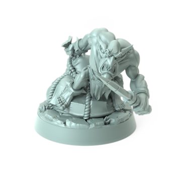 A highly detailed 3D-printed miniature of an Orc Gretchin crouching atop a pile of loot holding a sharp blade with a fierce expression.