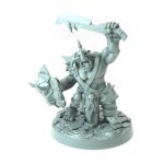 3D printed Orc Grunt C holding a jagged sword and shield with battle-worn details standing on a rocky terrain part of the Iron Skull Orcs theme