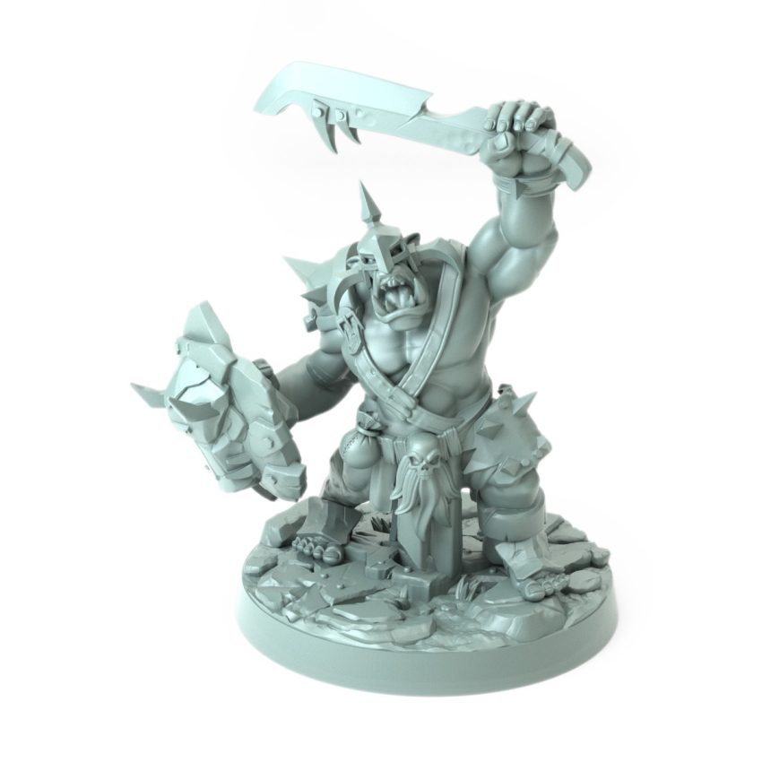 3D printed Orc Grunt C holding a jagged sword and shield with battle-worn details standing on a rocky terrain part of the Iron Skull Orcs theme
