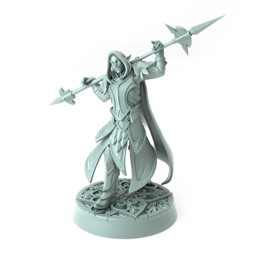 Elven warrior with spear in a calm confident stance detailed resin model.