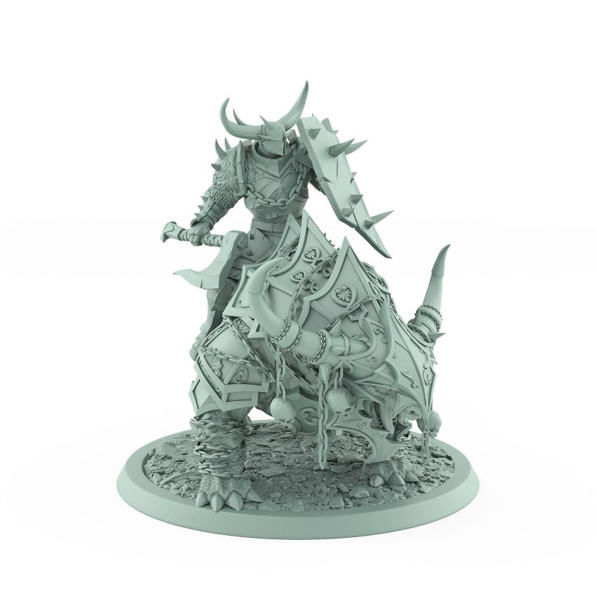 armored human axe warrior on spiked armored beast with skull chains from unchained collection