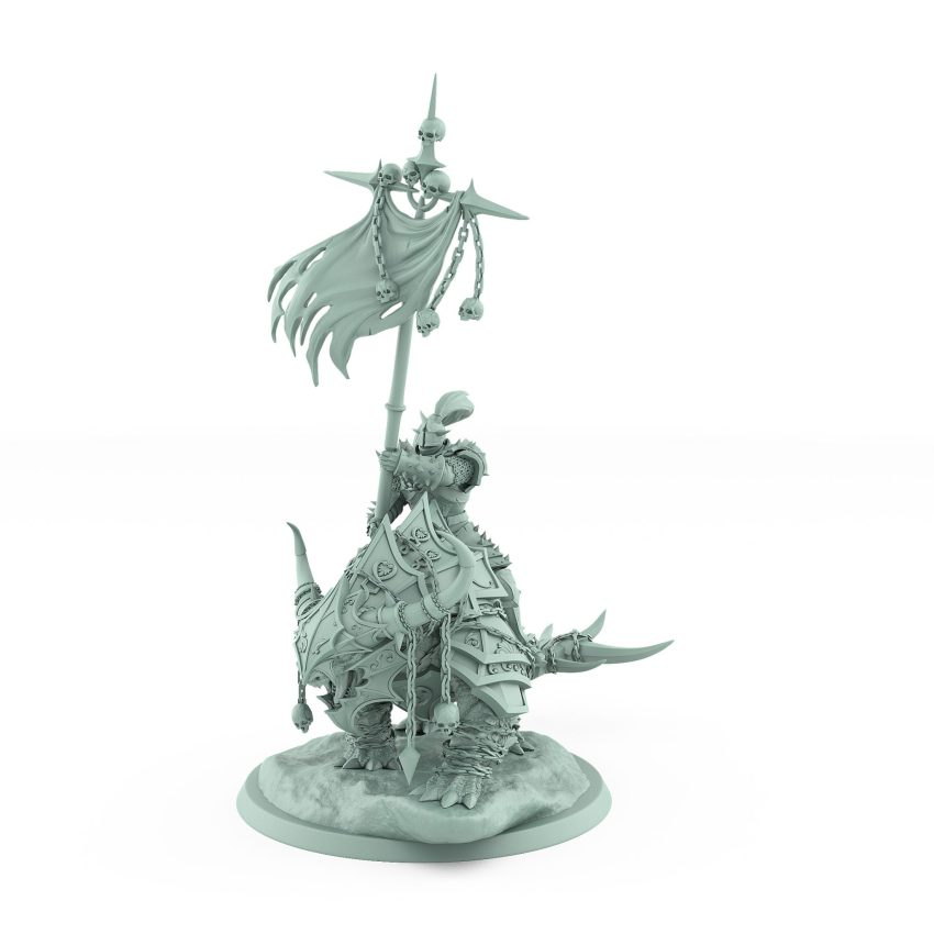 fantasy human warrior with skull banner on armored beast from unchained collection