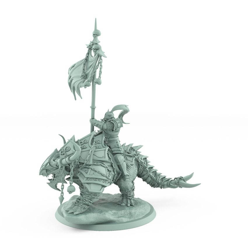 fantasy human warrior with skull banner on armored beast from unchained collection