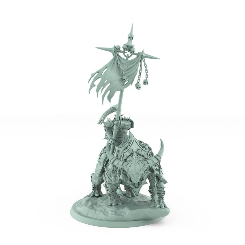 fantasy human warrior with skull banner on armored beast from unchained collection