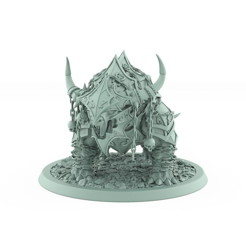 armored fantasy beast miniature with skull chains and spiked plating from unchained collection