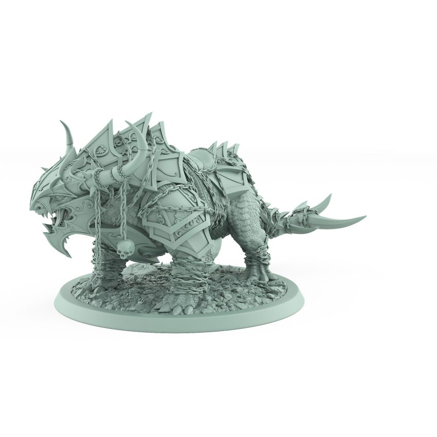 armored fantasy beast miniature with skull chains and spiked plating from unchained collection