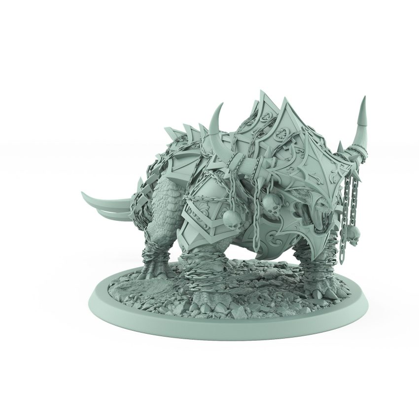 armored fantasy beast miniature with skull chains and spiked plating from unchained collection