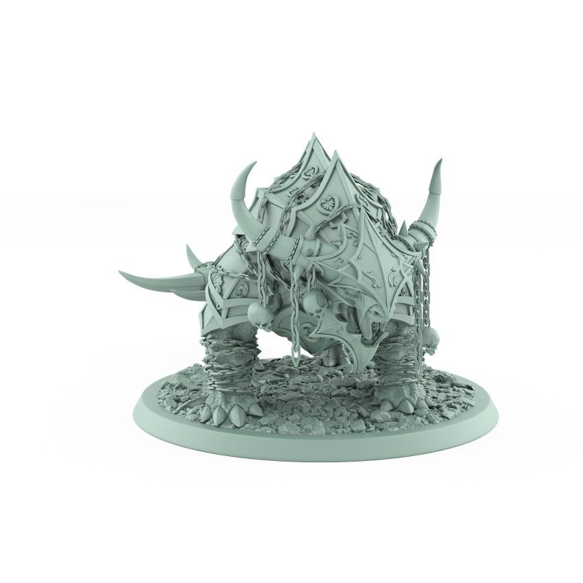 armored fantasy beast crouched with horned head and skull chains from unchained collection