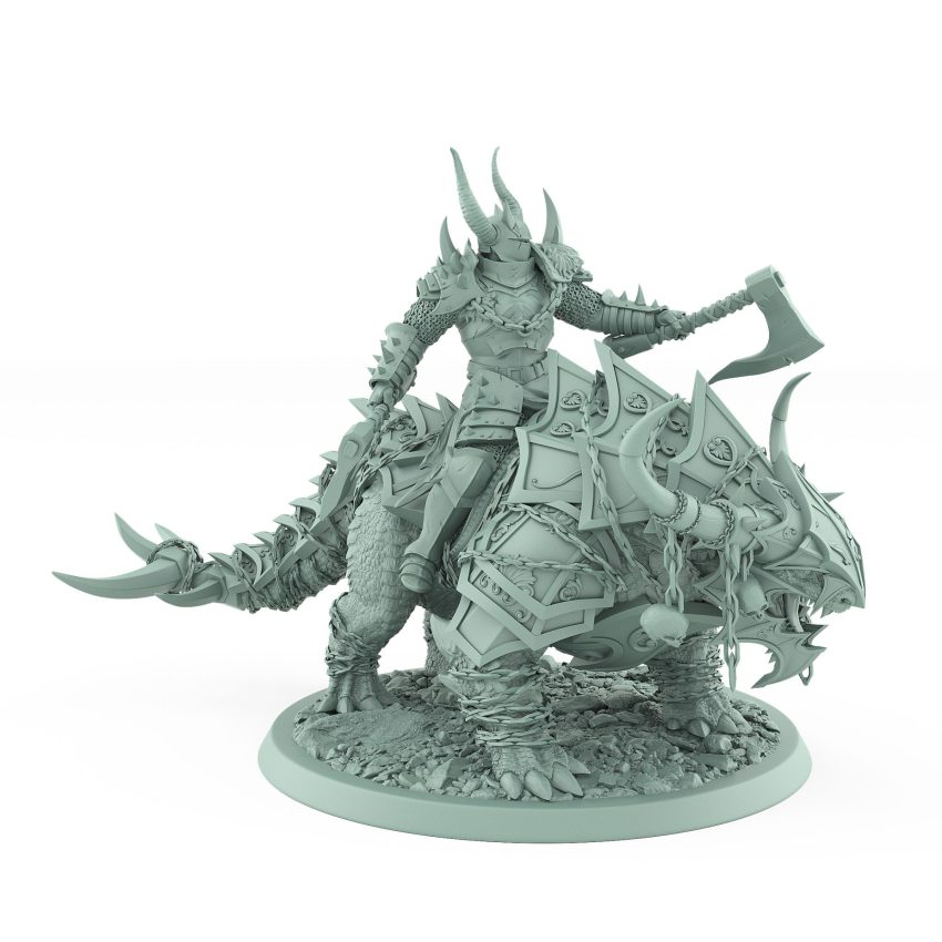 horned human warrior with twin axes on armored spiked beast from unchained collection