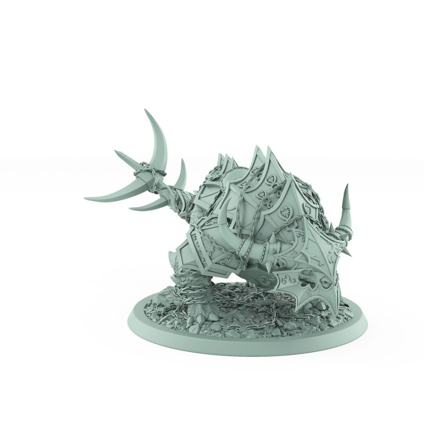 armored fantasy beast crouched in attack stance with layered plates and skull chains