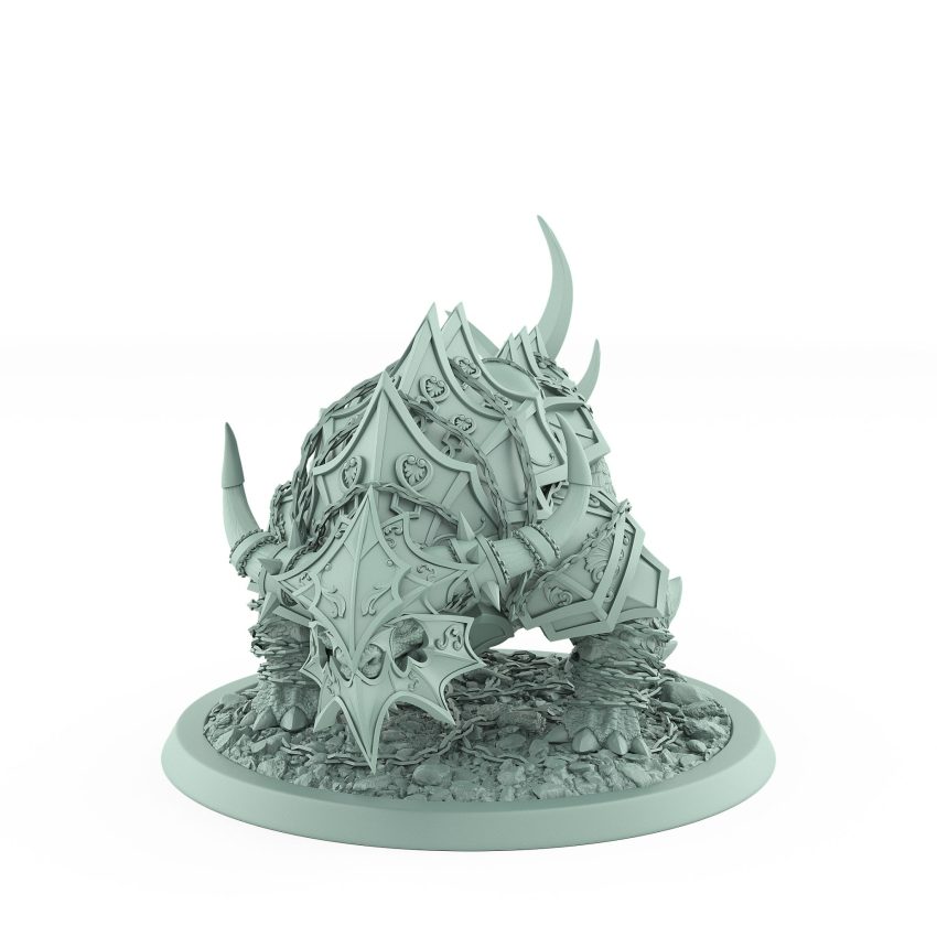 armored fantasy beast crouched in attack stance with layered plates and skull chains