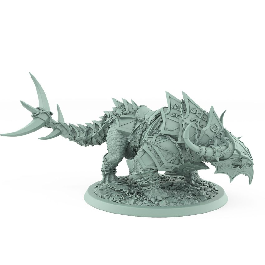armored fantasy beast crouched in attack stance with layered plates and skull chains