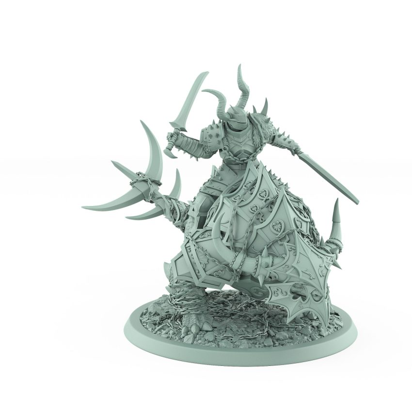 human warrior with dual swords on armored horned war beast from unchained collection