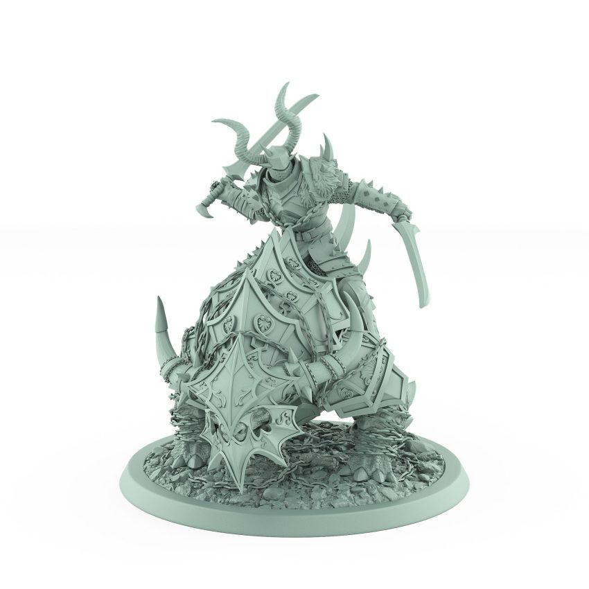 human warrior with dual swords on armored horned war beast from unchained collection