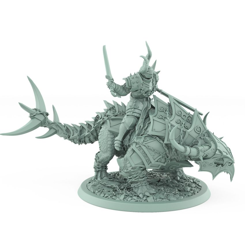human warrior with dual swords on armored horned war beast from unchained collection