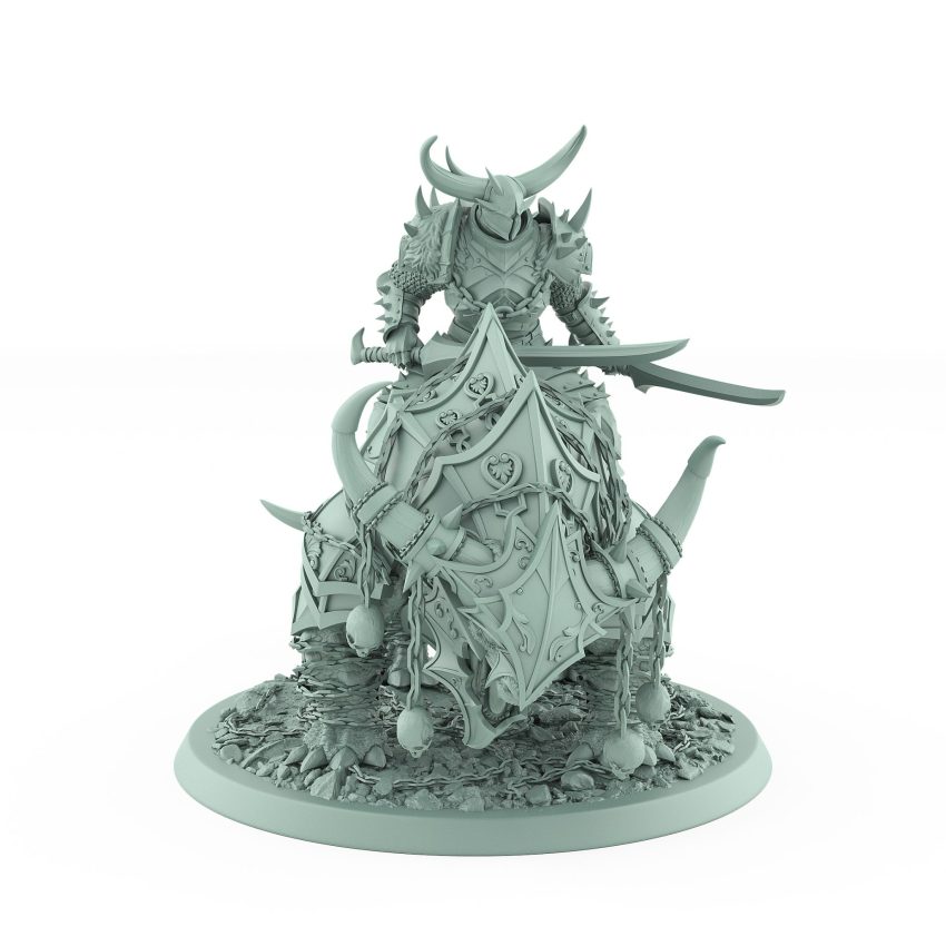 horned human warrior seated on armored mount in idle pose from unchained collection