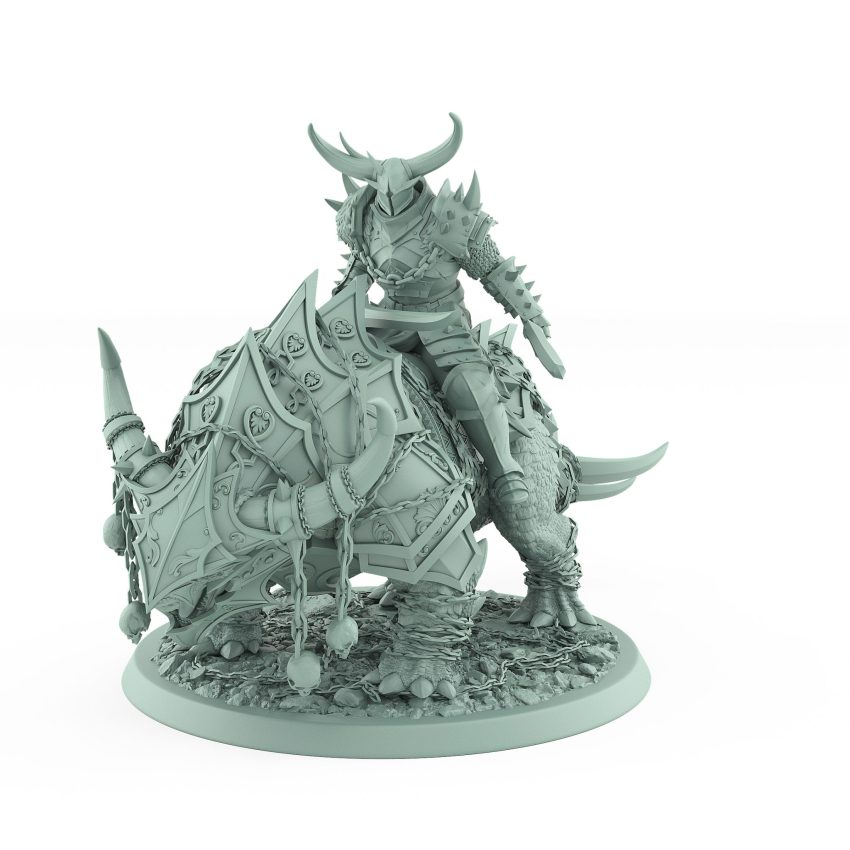 horned human warrior seated on armored mount in idle pose from unchained collection