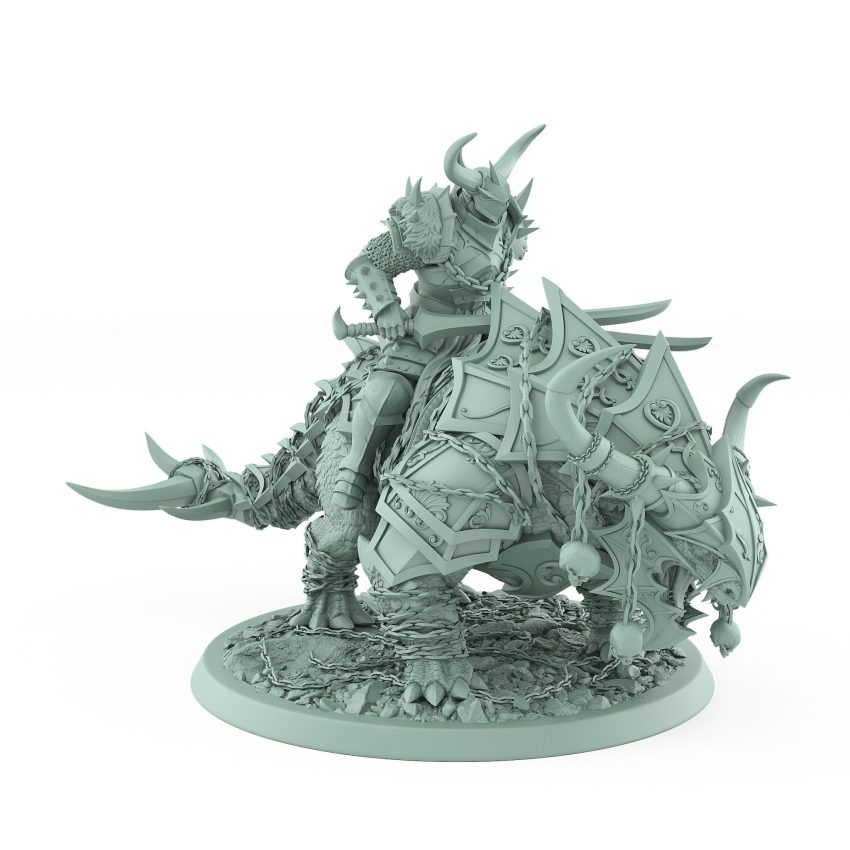 horned human warrior seated on armored mount in idle pose from unchained collection