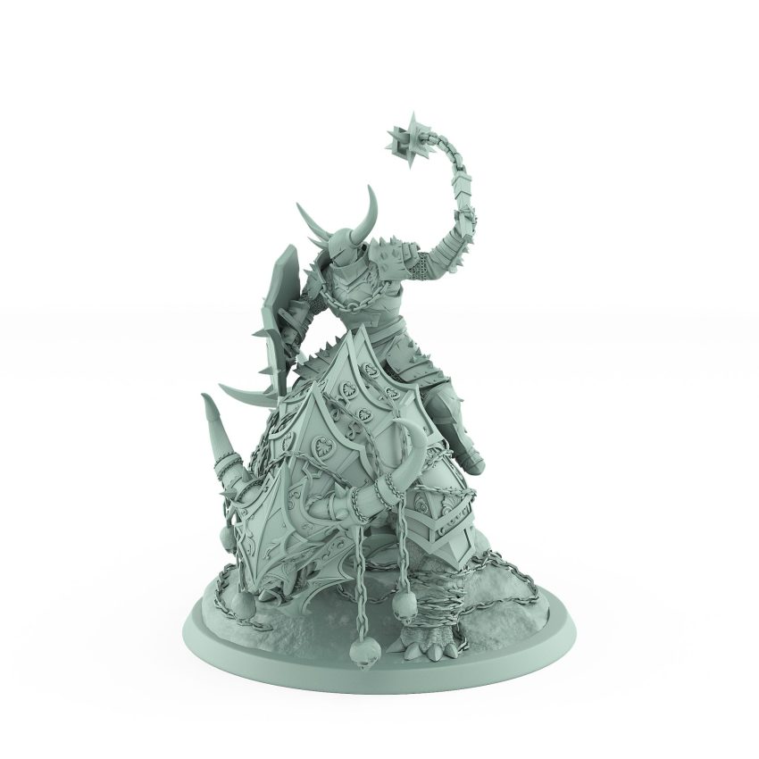 horned human warrior with raised flail on armored chained war beast from unchained collection