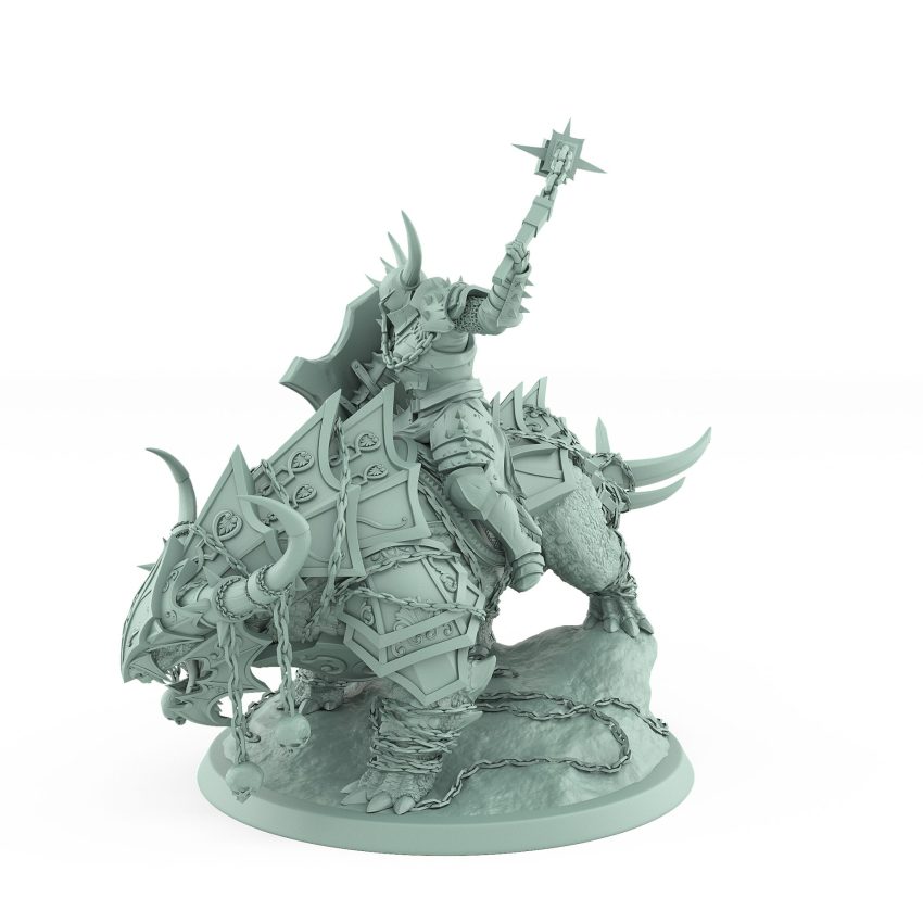 horned human warrior with raised flail on armored chained war beast from unchained collection