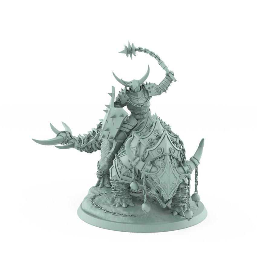horned human warrior with raised flail on armored chained war beast from unchained collection