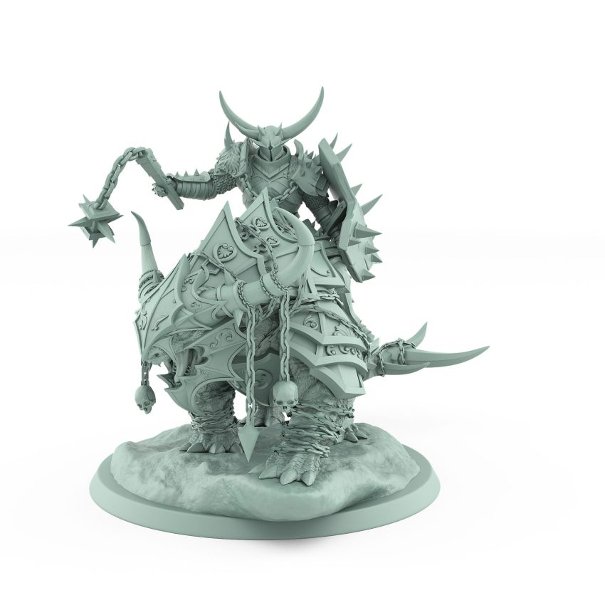 flail-wielding horned human rider on chained armored beast in idle stance from unchained collection