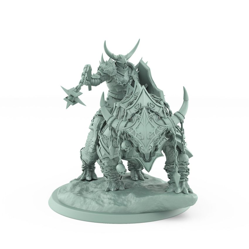 flail-wielding horned human rider on chained armored beast in idle stance from unchained collection