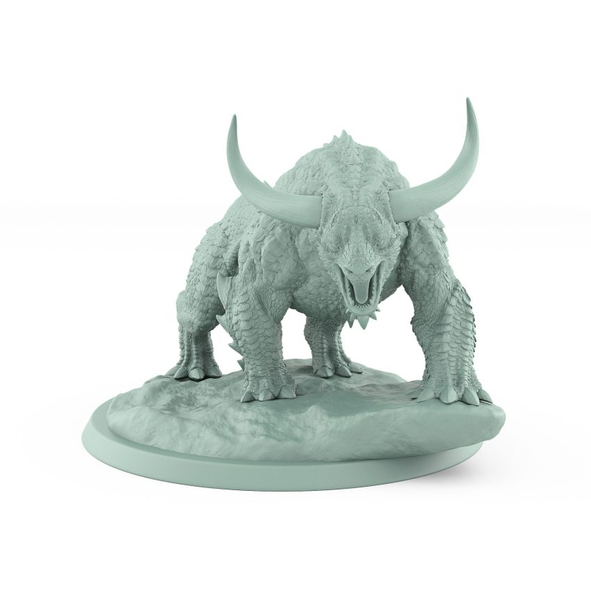 unarmored snarling horned beast on rocky base in idle stance from unchained collection