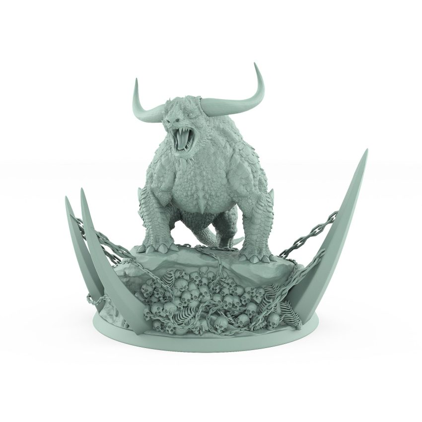 roaring unarmored horned beast on bone-covered scenic base from unchained collection