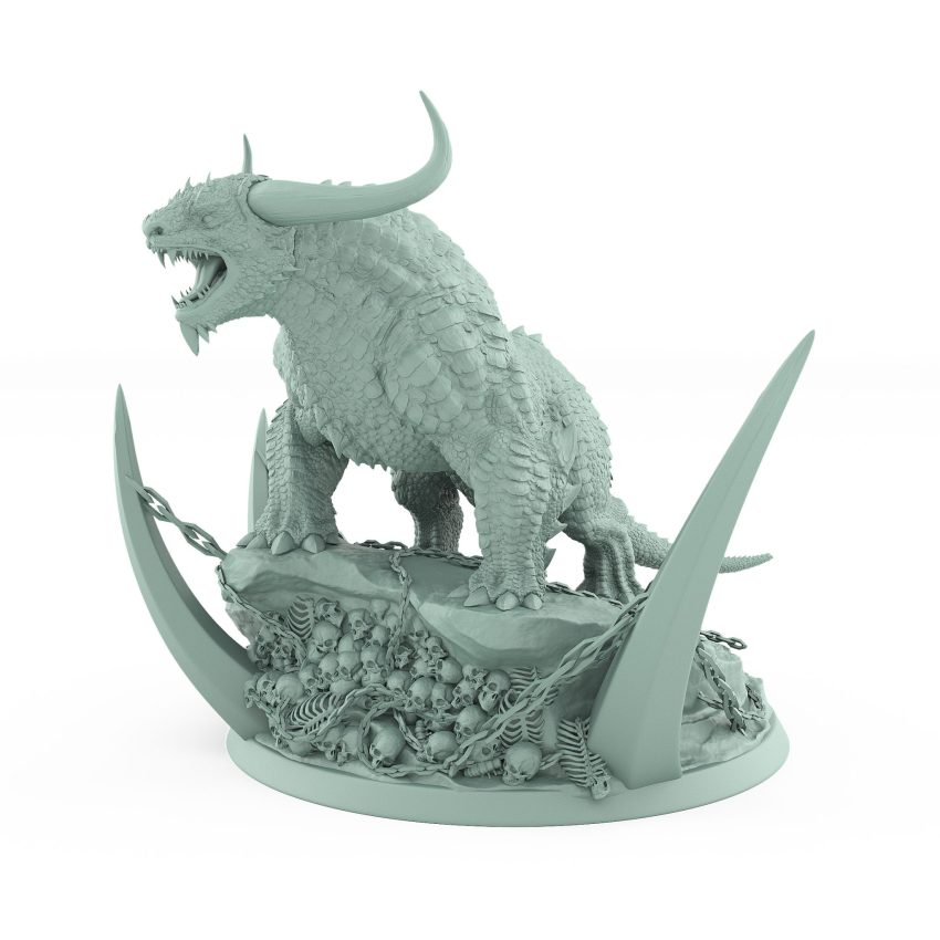 roaring unarmored horned beast on bone-covered scenic base from unchained collection