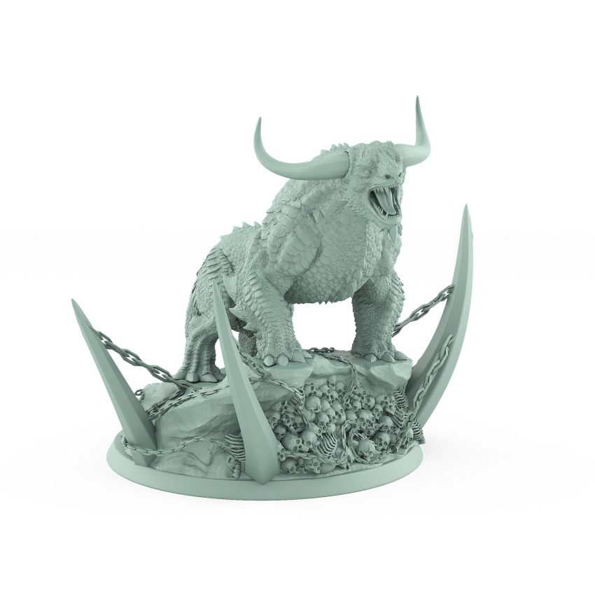 roaring unarmored horned beast on bone-covered scenic base from unchained collection
