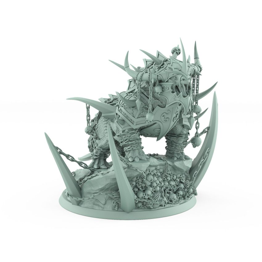 heavily armored beast on bone-covered scenic base with skulls and spikes from unchained collection