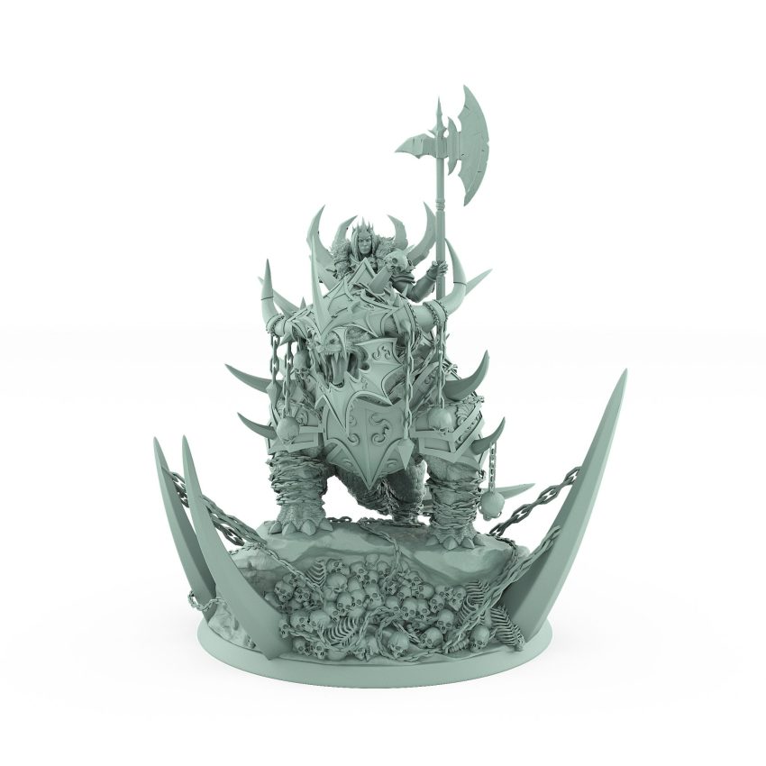 horned human general with polearm on armored beast atop bone-covered scenic base from unchained collection