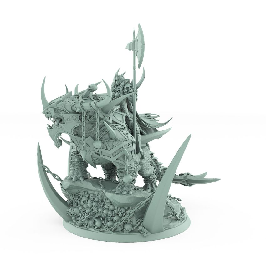 horned human general with polearm on armored beast atop bone-covered scenic base from unchained collection