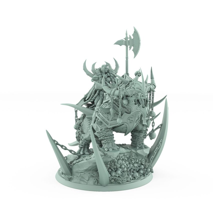 horned human general with polearm on armored beast atop bone-covered scenic base from unchained collection
