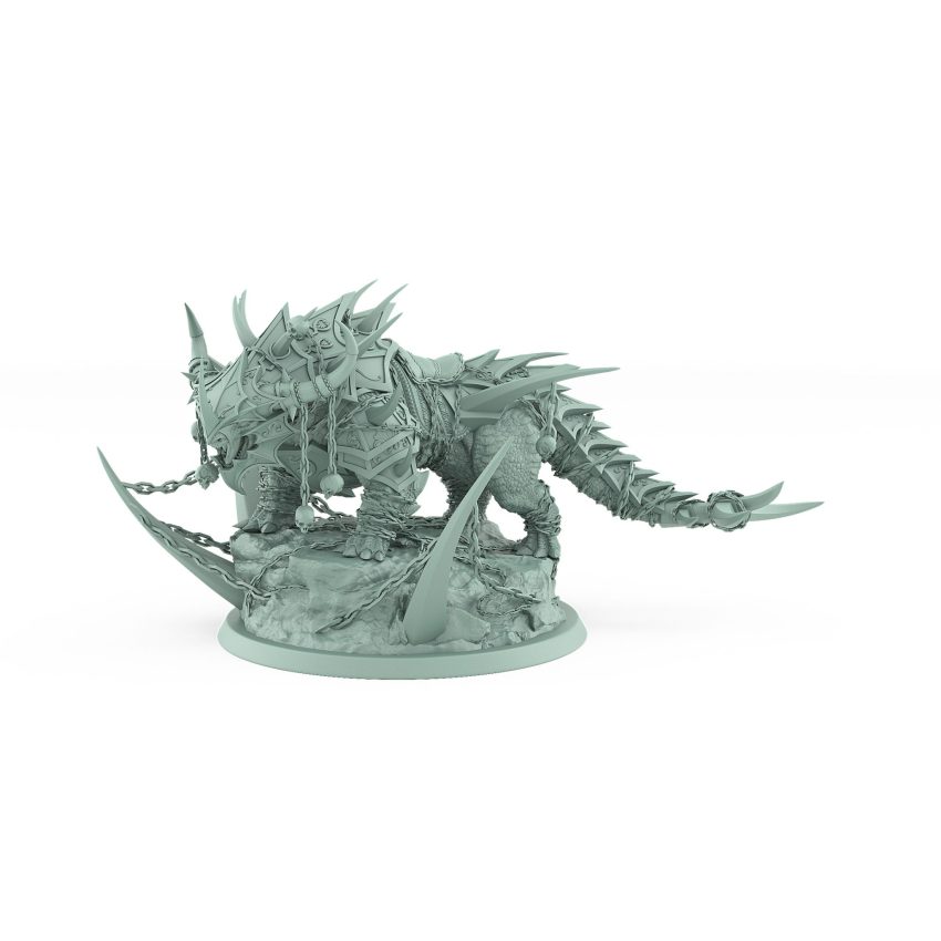 spiked armored beast crouched in ready stance on ritual scenic base from unchained collection