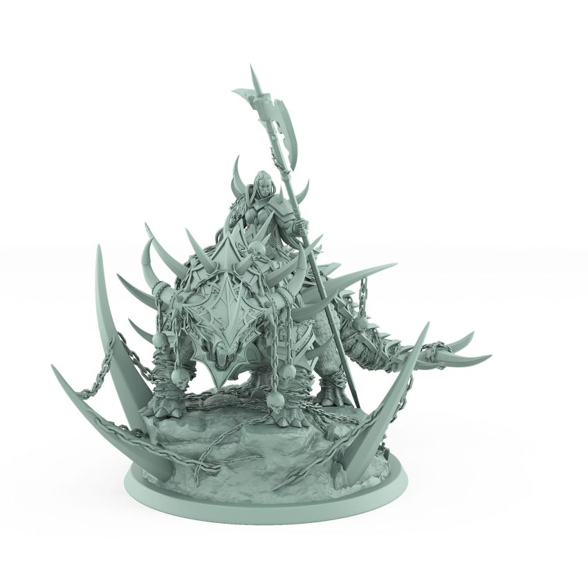 armored human general with polearm riding snarling spiked beast on scenic base from unchained collection