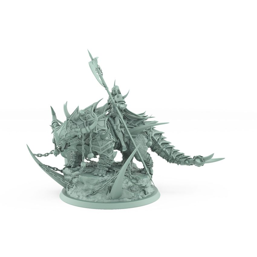 armored human general with polearm riding snarling spiked beast on scenic base from unchained collection