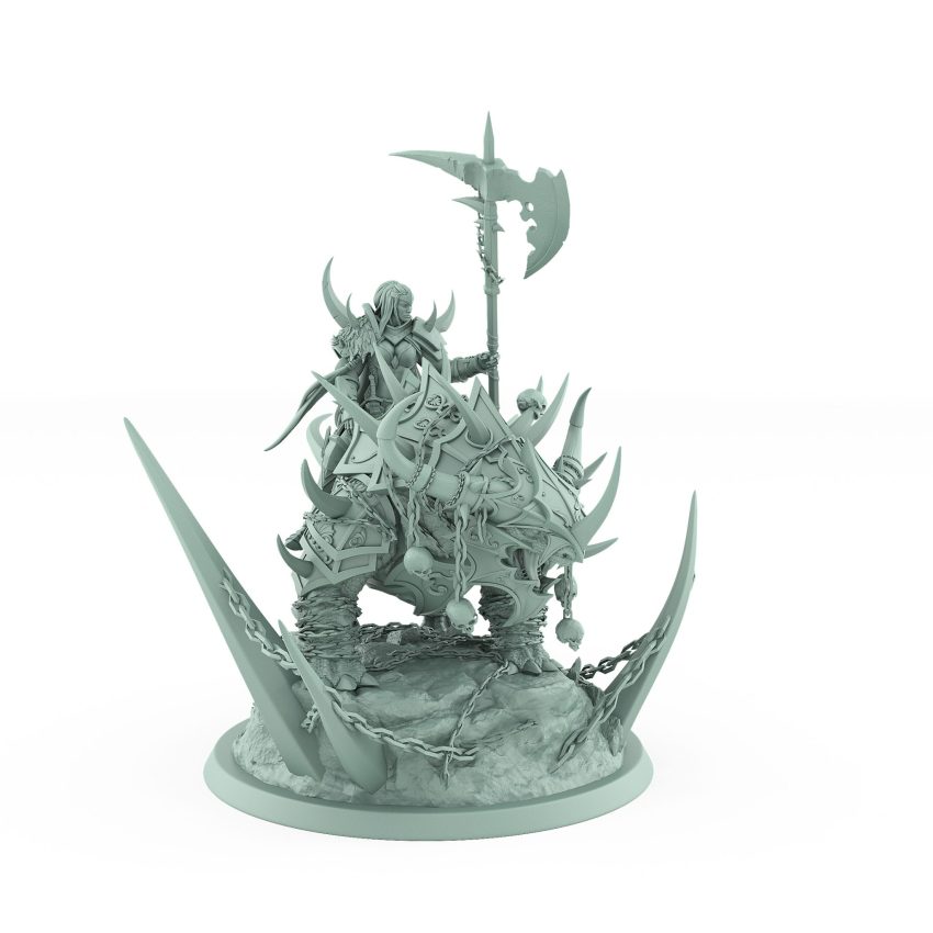 armored human general with polearm riding snarling spiked beast on scenic base from unchained collection