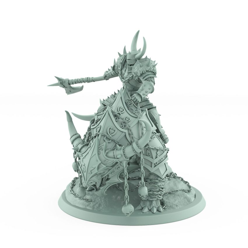 horned human warrior wielding great axe riding armored beast in attack pose from unchained collection