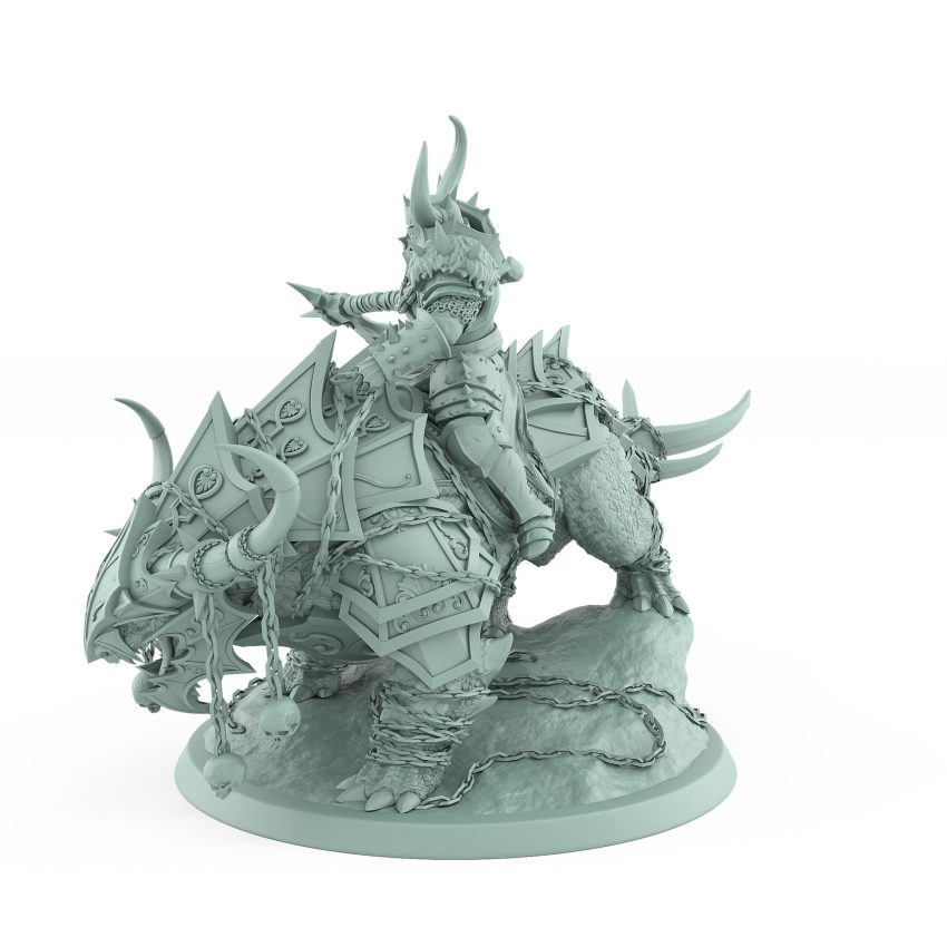 horned human warrior wielding great axe riding armored beast in attack pose from unchained collection