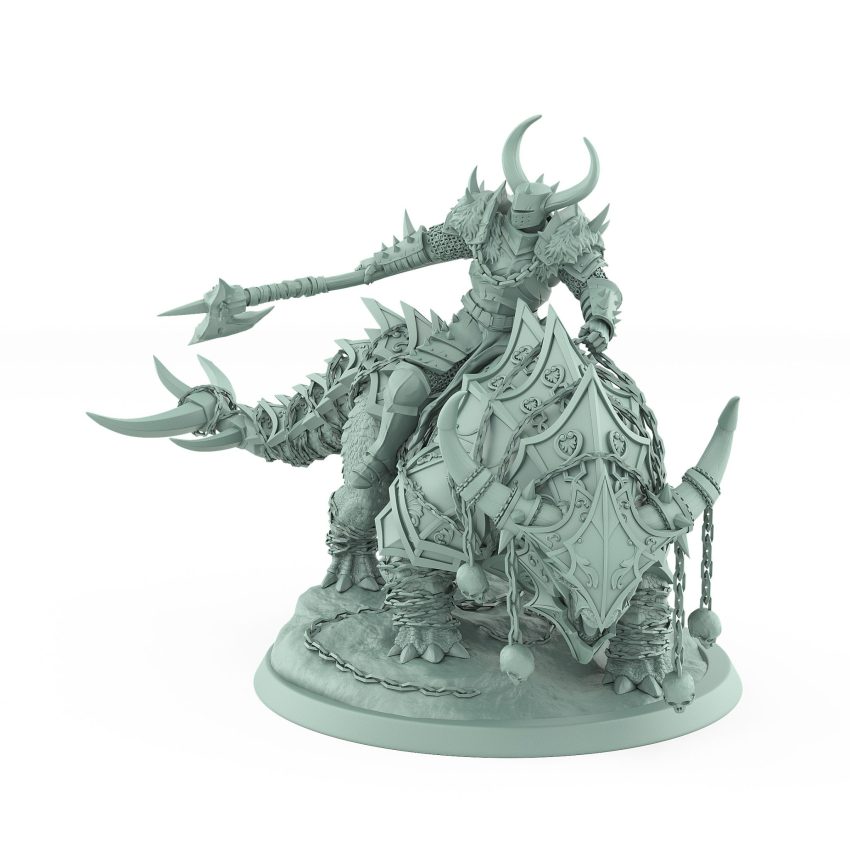 horned human warrior wielding great axe riding armored beast in attack pose from unchained collection
