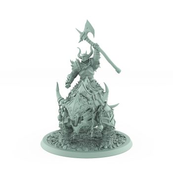 horned human warrior raising axe atop armored snarling beast from unchained collection