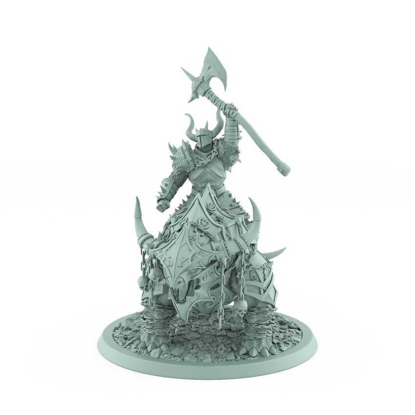 horned human warrior raising axe atop armored snarling beast from unchained collection