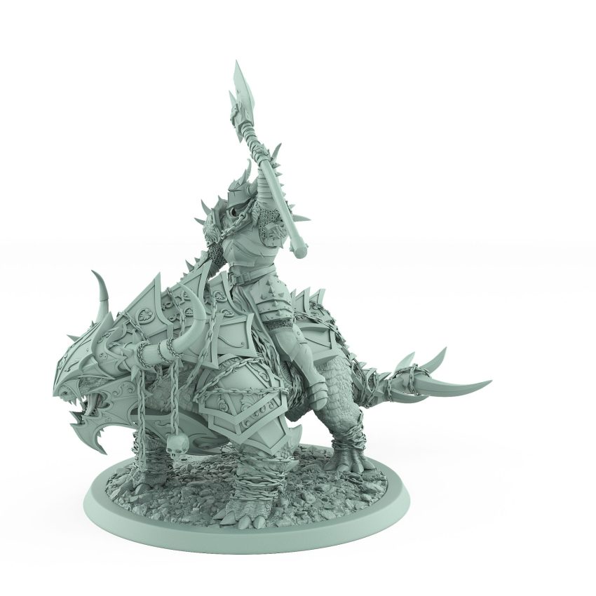 horned human warrior raising axe atop armored snarling beast from unchained collection