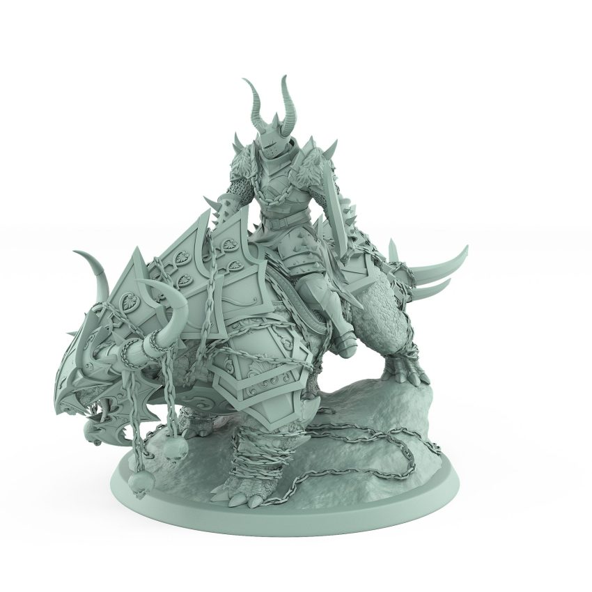 armored horned warrior seated calmly atop chained beast in idle stance from unchained collection