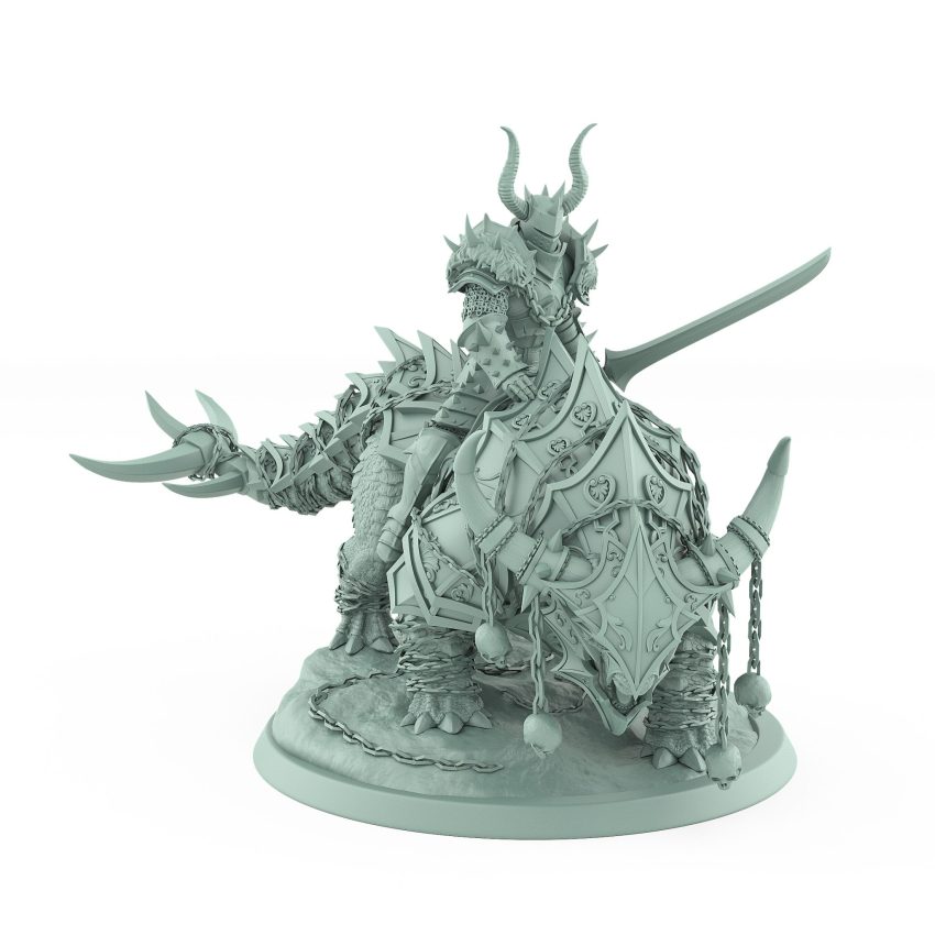 armored horned warrior seated calmly atop chained beast in idle stance from unchained collection